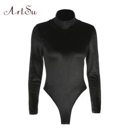 Women's Jumpsuits & Rompers Casual Velvet Bodysuit Women Long Sleeve Turtleneck Black Jumpsuit Ropmer Sexy Slim Fitness Winter Fall Ov