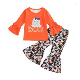 Clothing Sets 1-6Y Girls Two-piece Pants Suit Orange Halloween Printing Flared Sleeves Pullover And Bell Bottom Trousers