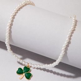 Chains Elegant Pearl Stone Green Clover Chain Choker Neckalce For Women Charms Handmade Wedding Jewellery Gift Collar 23369