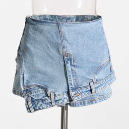 Personalized Street Women Patchwork Denim Shorts 2023 Spring New High-waisted Irregular Washed Old Jeans