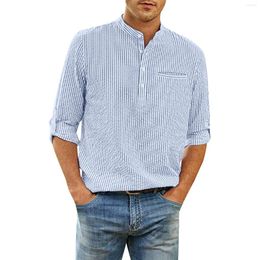 Мужские футболки с тонкой блузкой мужская весна и летняя мода повседневная полосатая полосатая хлопчатобумажная пуговица с длинным рукавом топ толстый
