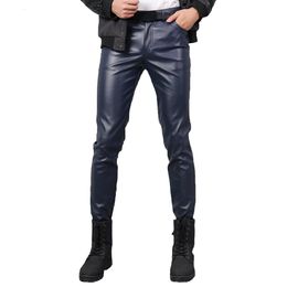 Men s Pants TSINGYI Spring Summer Moto Skinny Elastic Faux Leather Black Gold White Thin PU Trousers Brand Clothing 230302