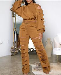 Women's Two Piece Pants Set Sexy Fashion Women 2023 Cutout Long Sleeve Drawstring Top & High Waist Personality Suit Daily Tops And