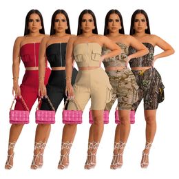Designer Summer Outfits Women Tracksuits Two Piece Sets Camouflage Sweatsuits Strapless Top and Cargo Short Pants Casual Sportswear Bulk Wholesale 9393