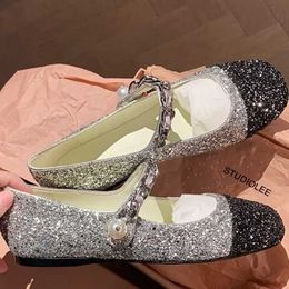 Dress Shoes Fashion Gold Black Stitching Sequin Cloth Flat Mary Jane Round Toe Front Strap Casual Shoes All Season Women's Shoes L230302