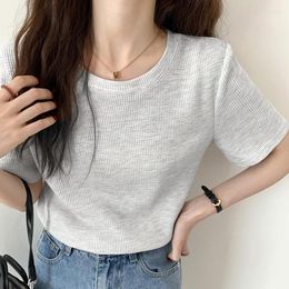 Women's T Shirts 2023 Summer For Women Waffle Knitted Casual O Neck Short Sleeve Tees Basic Korean Female Tops Vetement Femme