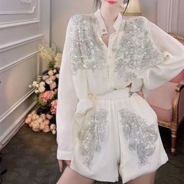 Women s Two Piece Pant Flowers Embroidery Sequined Single breasted Chiffon Shirts Loose Wide legs Beaded Shorts Summer Sunscreen Cardigan Suit 230302