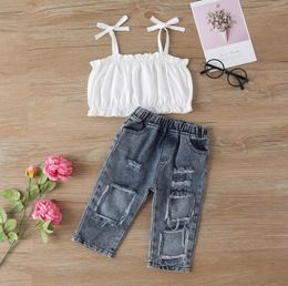 Toddler Baby Kid Girl Clothes Set White shirt ripped jeans Outfits Children Girls Costumes Summer