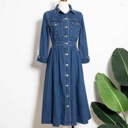 Casual Dresses Arrival Demin Dress For Women Long Sleeve Elastic Waist Big Swing Buttons Single Breasted Blue Fashion