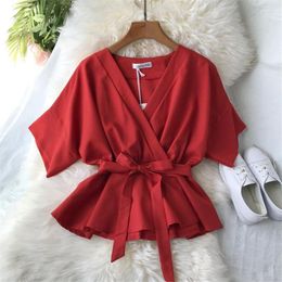 Women's Blouses Ruffles 2023 Fashion Sexy V Neck Summer Chiffon Blouse Women Bandage Shirt Chemisier Femme Casual Slim Waist Tie Elegant Top