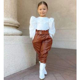 Clothing Sets Elegant Fashion Kids Girls Clothes Set Puff Sleeve Ribbed Blouse T Shirt Tops PU Leather Long Pants With Belt 2PCS Girls Suit 230303