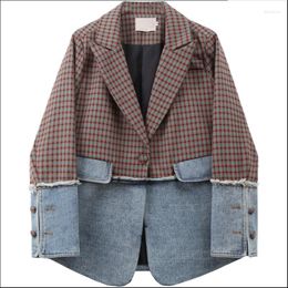 Women's Suits Spring Fashion Denim Patchwork Blazer Women Straight Bf Style Plaid Loose Suit Jacket