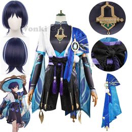 Anime Costumes Scaramouche Genshin Impact Wanderer Cosplay Come Wig Deep Blue Hair Kimono Suits Genshin Cosplay Comes Z0301