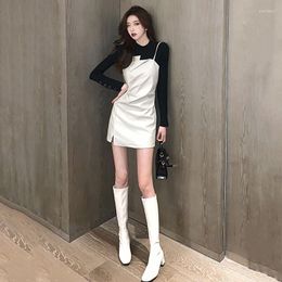 Work Dresses Women's T-Shirts And Pu Mini Dress Two Piece Suit Spring Korean Style High Waist Sets Fashion Casual Clothes Y2k E509