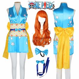 Anime Costumes Anime One Wano Country Piece Nami Cosplay Come Wanokuni Style Nami Kimono Dress Outfit Women Halloween Carnival Come Wig Z0301