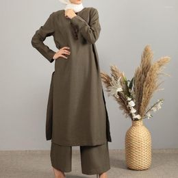 Ethnic Clothing Wepbel Women Muslim Suit Caftan Arab Middle East Robe Abaya Dress Loose Pants Ramadan Slit 2 Piece Set Islamic