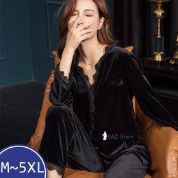 Women's Sleepwear Winter 4XL 5XL Black Lace Women's Velvet Pyjamas Warm Nightie Sleepwear Large Nightie Sexy Warm Home Clothes Pyjama Pyjamas 230303