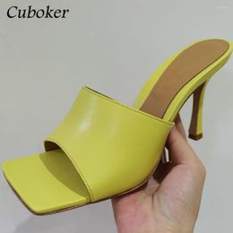 Slippers Brand Women High Heel Candy Color Square Toe Sandals Woman Leather Slip On Slides Summer Runway Shoes