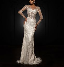 Sparkly Mermaid Wedding Dresses Long Sleeves V Neck 3D Lace Satin Hollow Beaded Sequins Appliques Diamonds Buttons Bridal Gowns Plus Size Vestido de novia Custom
