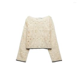 Women's Blouses 2023 Early Autumn Women's Fashion Round Neck Jacquard Hollow Loose Casual Colour Contrast Trim Crochet Tops
