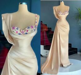 Fantastic Champagne Gold Mermaid Evening Dresses with Crystals Beads Cap Sleeve Pleats Ruffles Long Party Occasion Gowns Prom Dress Wears Custom made BC13128