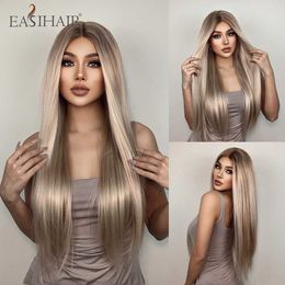 Synthetic Wigs Easihair Blonde Long Straight Lace Front Wig with Highlight Synthetic Hair Middle Part for Women Heat Resistant Cosplay 230227