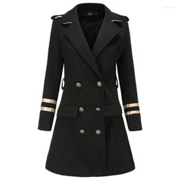 Women's Wool Black Double-breasted Epaulettes Military Style Woollen Coat Women 2023 Autumn Winter Long Section Thickening Blends