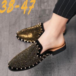 Slippers Summer Men Casual Shoes Cool For Male Gold Black Loafers Half Anti-slip Flats MulesSlippers