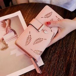 Wallets Fashion Hollow Leaf Women's Wallets Casual Pu Leather Wallet Solid Color Zipper Wallet Multicard Female Card Bag Lady ClutchL230303