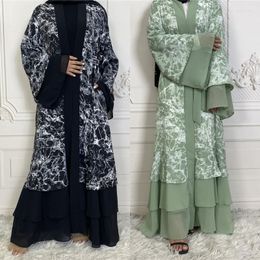 Ethnic Clothing Dubai Kimono Style Printed Gowns Islamic Chiffon Cardigan Maxi Dress Fashion Muslim Women Loose Robe With Belt Ramadan Abaya