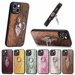 Metal Ring Holder Stand Snake Pattern Phone Case For iPhone 14 Plus 13 12 11 Pro Max Luxury Car Magnetic PU Leather Cover Anti Drop Shockproof