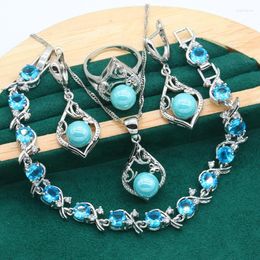 Necklace Earrings Set 2023 Wedding Silver Color Pearl Jewelry For Women Blue Zircon Bracelet Pendant Ring Christmas Gift