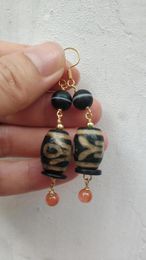 Dangle Earrings 1pcs/lot Natural Noble Dzi Beads Old Agate Gem Stripes First-Line Apothecary 14K Gold Vintage Amulet Folk-custom Taki