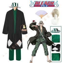 Anime Costumes Anime Bleach Urahara Kisuke Cosplay Come Wig Black Green Cloak Haori Outfit Bucket Hat Fan ThousandYear Blood War for Men Z0301