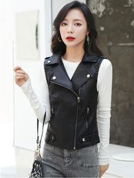 Women's Leather Women PU Vest Jacket Female Turn-down Collar Zipper Sleeveless Casual Lady Motorcycle Coat