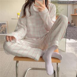 Women's Sleepwear Kawaii Pink Plaid Autumn Home Suit Women Korean Cotton Ins Loose Sweet Two Piece Pajamas Set Pockets Shirts Pants