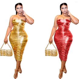 Casual Dresses 2023 Summer Gold Bright Strapless Ruched Midi Dress For Sexy Club Night Party Bodycon Pencil