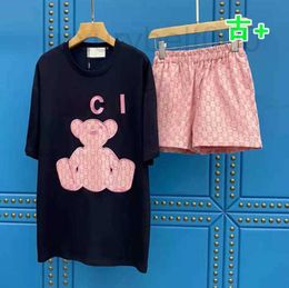 Women's T-Shirt Designer brand spring and summer new pink bear paste cloth embroidery set GV0O