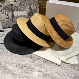 Flat Top Casual Straw Hats for Women Black Ribbon Lady Wide Brim Hats Female Seaside Beach Adjustable Sun Caps