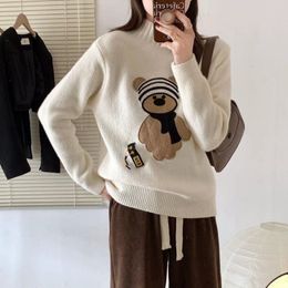 Women s Sweater Winter Knitting Cute Bear Sweater Turtleneck White Pullovers Long Sleeve Fashion 230302