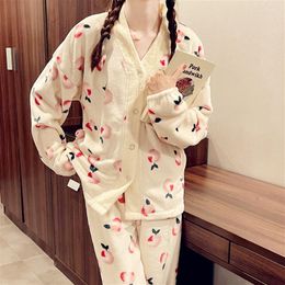 Women's Sleepwear Coral Fleece Autumn Home Suit Women V-Neck Single Breasted Shirts Long Pants Set Two Piece Pyjamas Korean Sweet