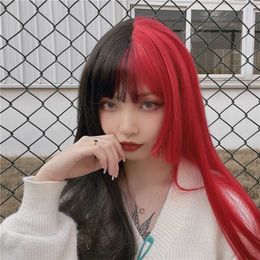Synthetic Wigs Yin and Yang Head Long Hair Personality Female Colour Lolita Red Black Double Spell Ji Princess Cut Straight 230303