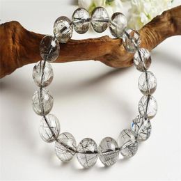 Strand Genuine Brazil Natural Black Hair Rutilated Quartz Crystal Bead Stretch Charm Bracelet 13mm