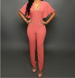 Women's Jumpsuits & Rompers Women Sexy 2023 Summer Ruffle Sleeve Deep V-Neck Slim Long Pencil Pants Jumpsuit Backless Romper