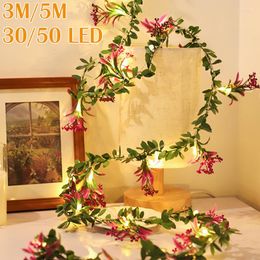 Strings 3/5M Flower Green Leaf String Lights Artificial Vine Fairy Battery Powered Tree Garland Light For Weeding Home Decoration
