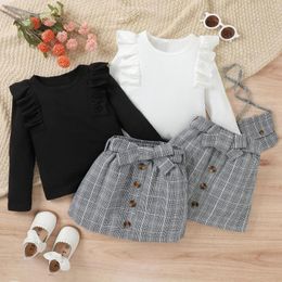 Clothing Sets Toddler Kids Baby Girls Spring Autumn Outfit Solid Colour Long Sleeve Ruffle Tops Plaid Skirt With Belt Bag 4-7T