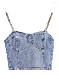 Women's Tanks Retro Washed Denim Crop Tops Women Camisole V Neck Backless Slim Corset Party Summer Sexy Off Shoulder Strap 329A1544