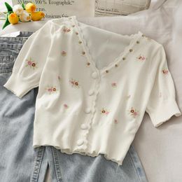 Women's Blouses Vintage Sweet Embroidered Flowers Knitted Shirt Women V-neck Short Slim Slimming Sweater