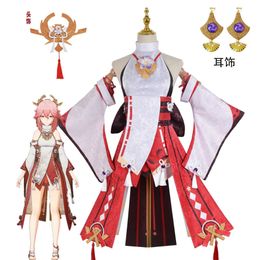 Anime Costumes Genshin Impact Yae Miko Cosplay Come Guuji Yae Fancy Outfits Guuji Full Set Guuji Yae Dress Wig Headwear Ears Tail Game Suit Z0301