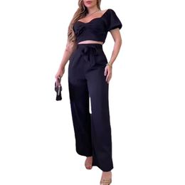 summer Womens two piece pants Designer puff sleeve short shirt and Straight leg pants suits 2piece sne0365 Casual fashion street trousers suit